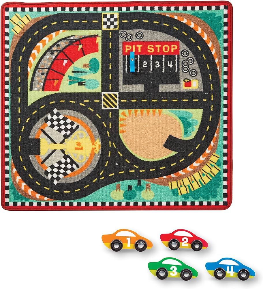 Melissa & Doug Round the Speedway Race Track Rug With 4 Race Cars (39 x 36 inches) , Black | Amazon (US)