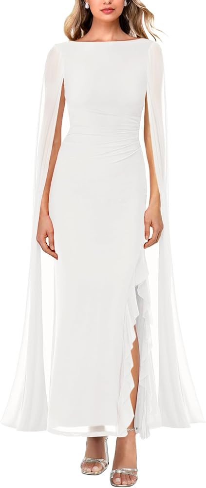 MAYFASEY Women's Sexy Elegant Long Sleeve High Split Mesh Ruched Formal Long Evening Party Maxi D... | Amazon (US)