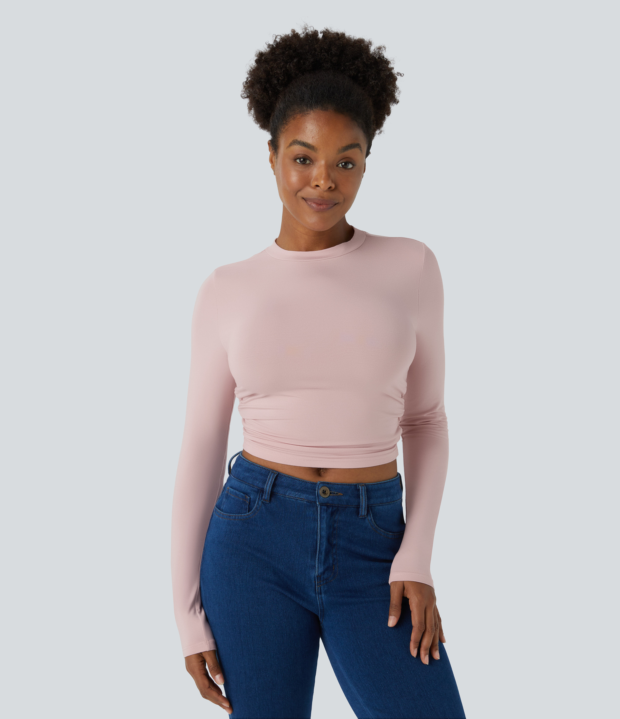 Halara Round Neck Long Sleeve Ruched Skinny Cropped Casual Top Tank Top - Porcelain Pink - M golf tops halter top tunic tops sleeveless tops | HALARA