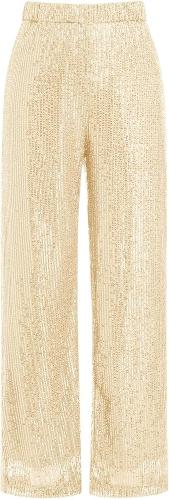 ODIZLI Womens Wide Leg Sparkle Sequin Pants Elastic High Waisted Bling Glitter Dance Pants | Amazon (US)