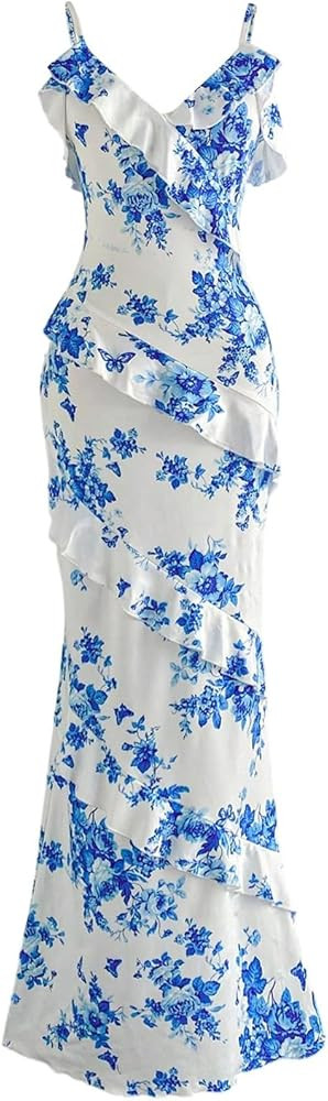 Floerns Women's Long Summer Maxi Wedding Guest Dresses Floral Cocktail Ruffle Trim Spaghetti Stra... | Amazon (US)