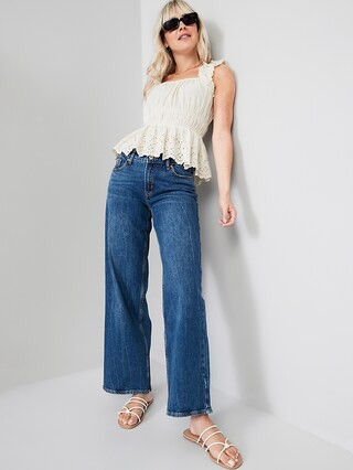 Sleeveless Waist-Defined Ruffle-Trimmed Embroidered Babydoll Blouse for Women | Old Navy (US)