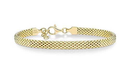 Amazon.com: Miabella 18K Gold Over Sterling Silver Italian 5mm Mesh Link Chain Bracelet for Women... | Amazon (US)