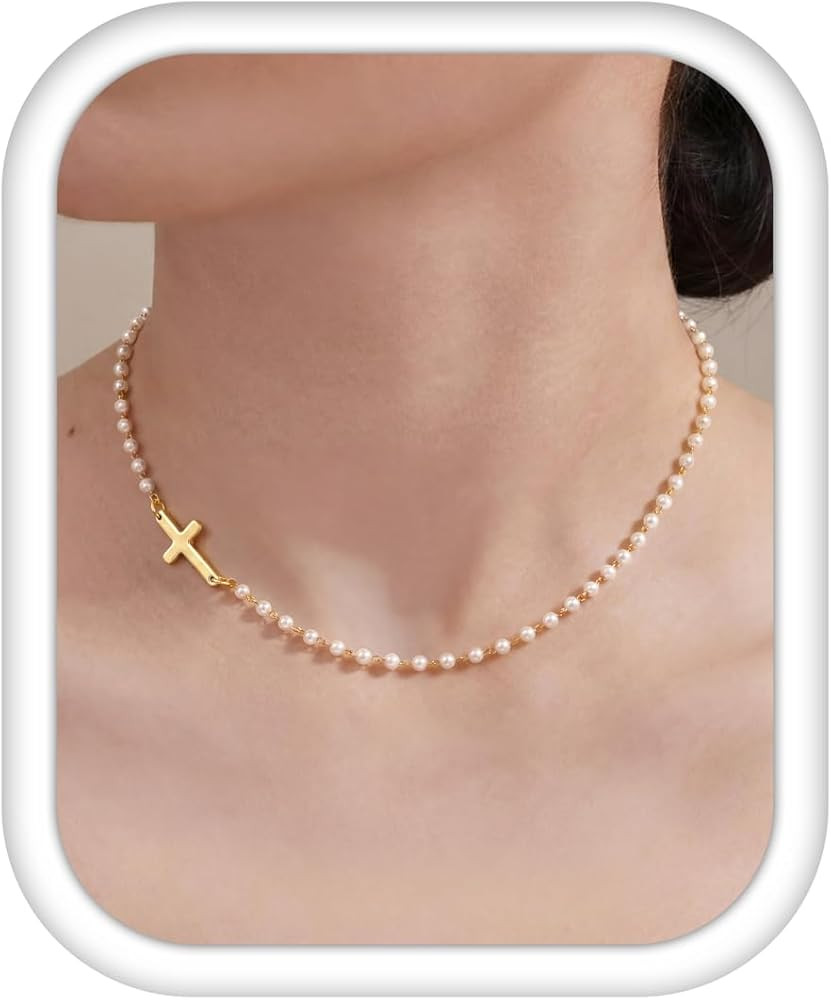 ADRAMATA Pearl Cross Necklace for Women - 14K Gold Plated Small Cross Pendant Choker Necklace Tre... | Amazon (US)