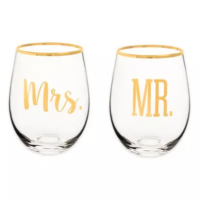 Cathy's Concepts "Mr. & Mrs." Gold Rim Stemless Wine Glasses (Set of 2) | Bed Bath & Beyond