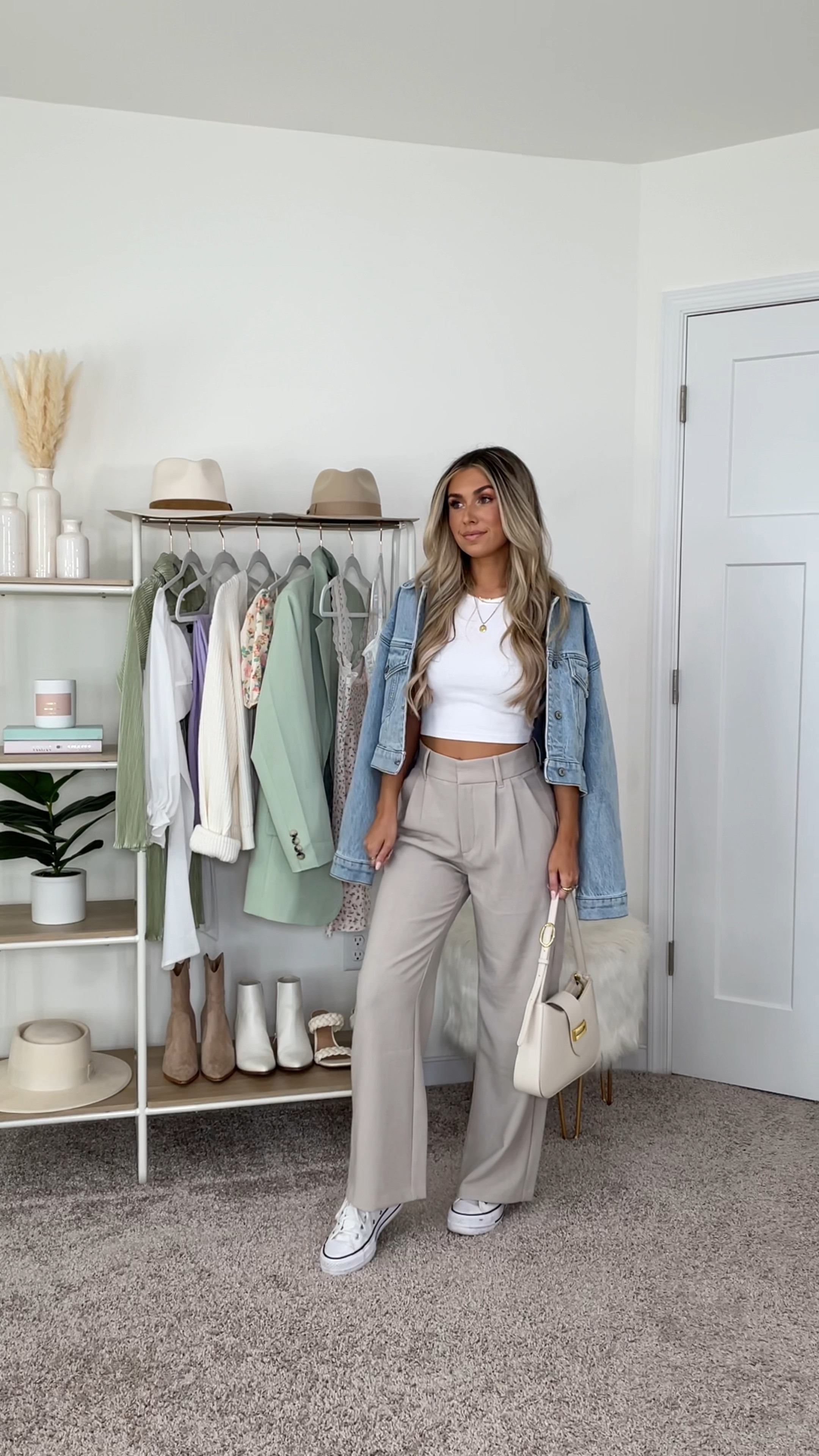 Casual outfit for fall 🫶🏼 this is such a perfect transitional outfit for those in between temps! 
+ Abercrombie denim jacket: xs
+ H&M tank top: xs
+ Abercrombie trousers: 25 short 
+ converse platform sneakers: size down 1/2 size 

#LTKSeasonal #LTKstyletip #LTKfindsunder100