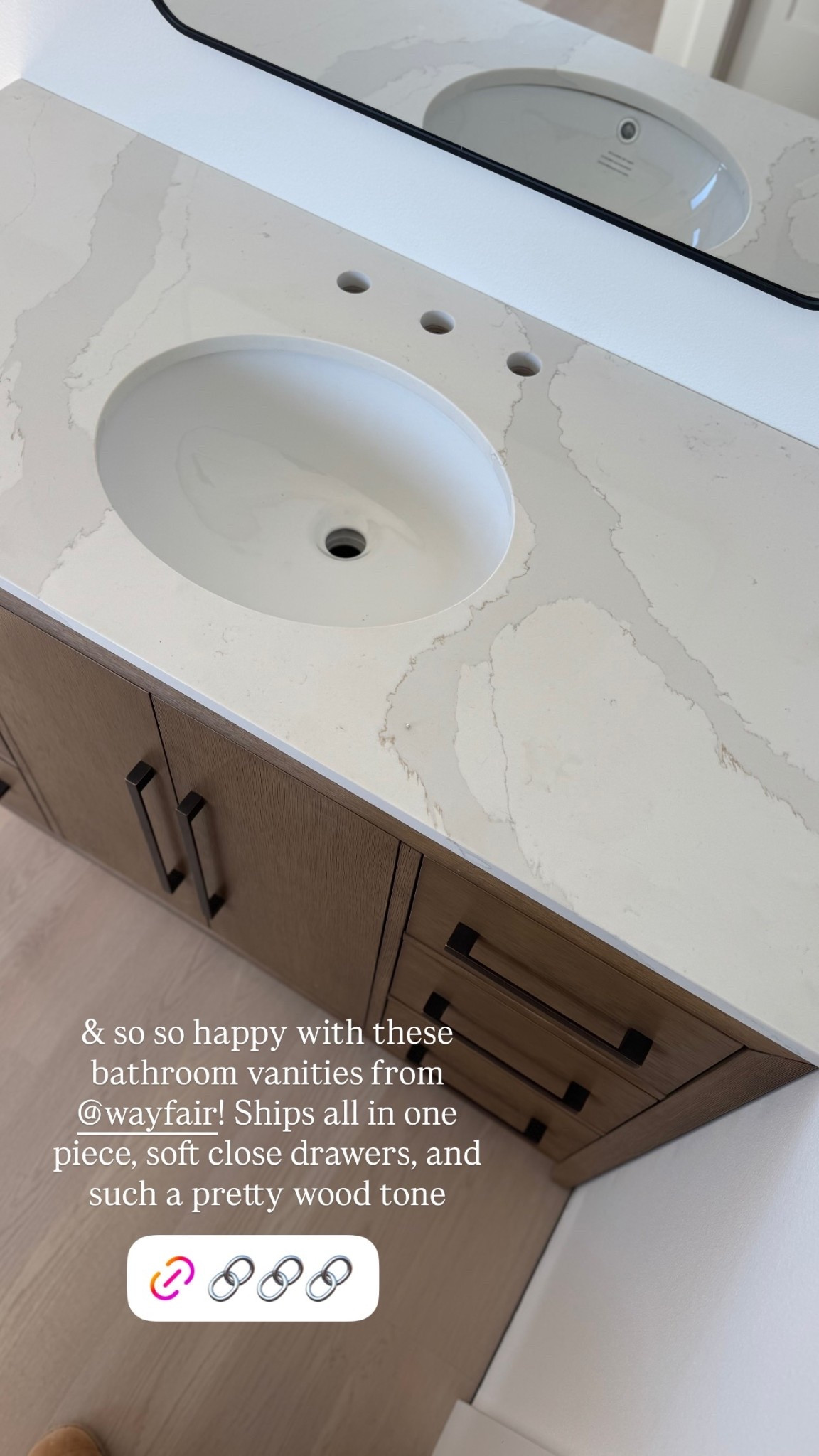 & so so happy with these bathroom vanities from @wayfair! Ships all in one piece, soft close drawers, and such a pretty wood tone