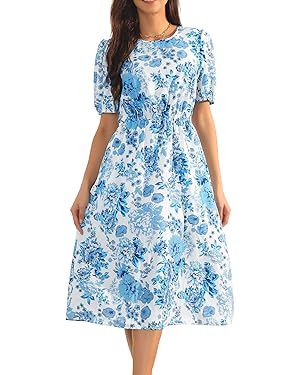 Seta T Women's Summer Casual Floral Dress with Pockets Puff Sleeve Round Neck Cutout Waist Boho F... | Amazon (US)