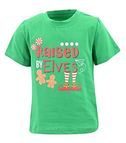 Unique Baby Boys Raised by Elves Short Sleeve Kids Christmas Shirt Clothes (12Y, Green) | Amazon (US)