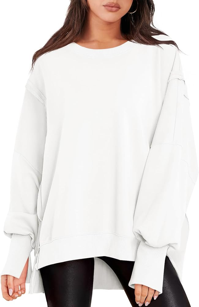 LOGENE Women's Oversized Sweatshirt Crew Neck Long Sleeve Casual Slit Pullover Tops 2023 Fall Clo... | Amazon (US)
