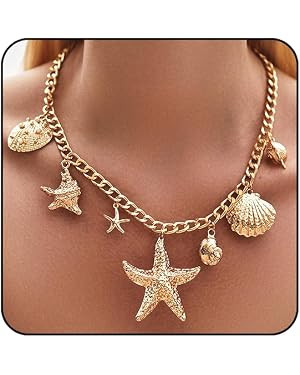 Seashell Necklaces for Women Big Starfish Shell Charm Chunky Gold Necklace Beach Jewelry for Wome... | Amazon (US)