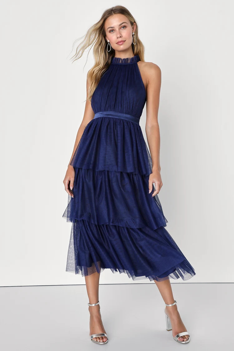 Effortlessly Adorable Navy Blue Tulle Tiered Midi Dress | Lulus