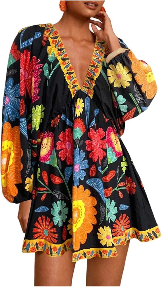 WDIRARA Women's Boho Floral V Neck Dress Lantern Sleeve Tie Back Flowy Short Babydoll Dresses | Amazon (US)