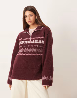 ASOS DESIGN - Trui van borg fleece met korte rits en Fairisle-patroon in pruimrood en roze | ASOS | ASOS (Global)