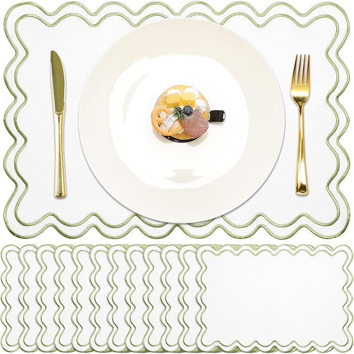 12 Set Linen Placemat 13x19 Wavy Embroidery Scalloped Placemat Double Layered Washable Farmhouse ... | Amazon (US)
