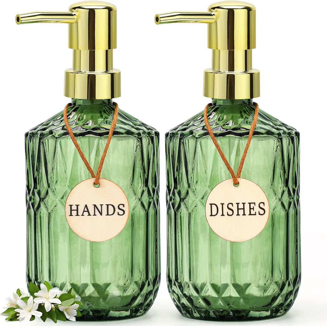 Green Glass Soap Dispenser (15.4 Oz, 2 Pack), Kitchen Hand and Dish Soap Dispenser Set with Golde... | Amazon (US)