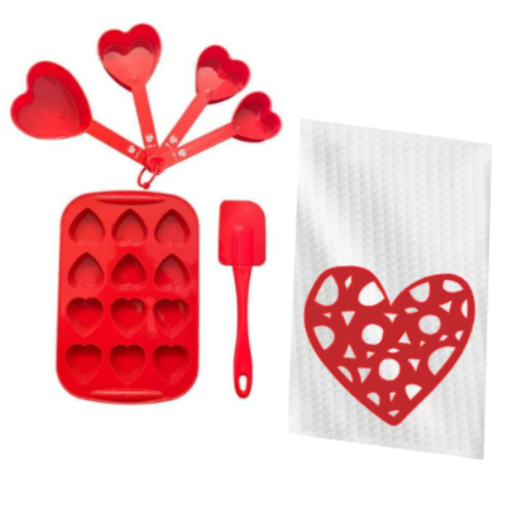 Valentine’s Day Red Heart Bakeware Set with Kitchen Towel, Measuring Cups, Baking Silicone Mold... | Walmart (US)