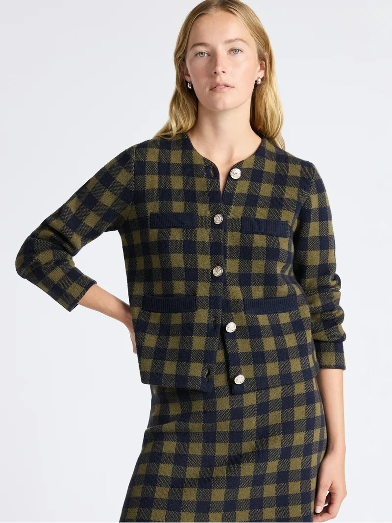 Free Assembly Women's Plaid Cardigan Sweater with Double Welt Pockets, Midweight, Sizes XS-XXL | Walmart (US)