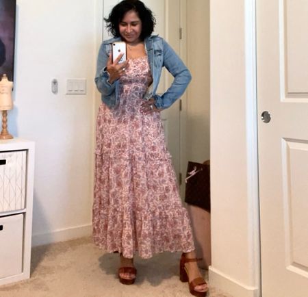 #maxi #floralmaxidress #jeanjacket #woodclogs #clogsandal #platformsandal #spring #easter #brunch #classic #casual #momstyle