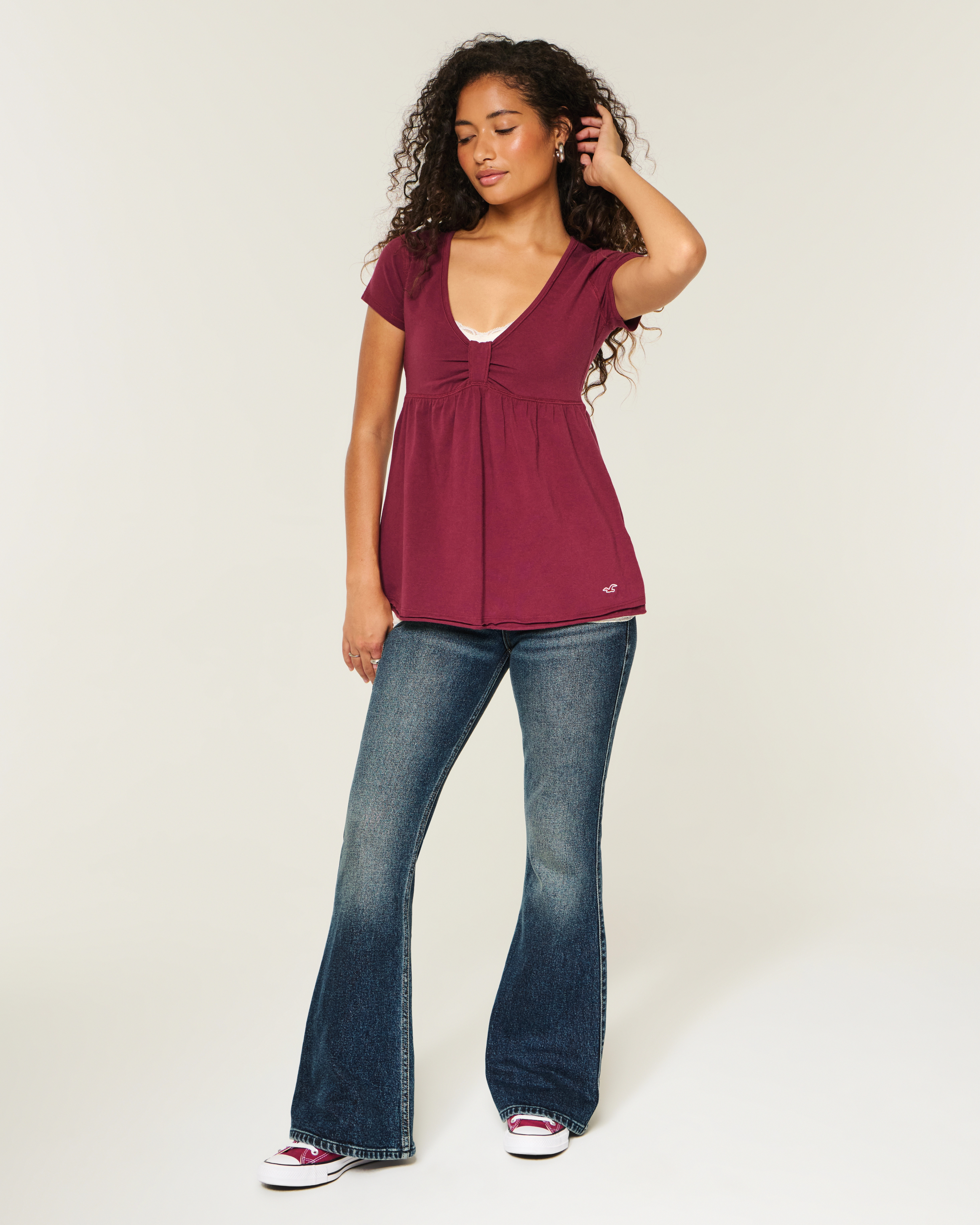 Ultra Low-Rise Dark Wash Butterfly Embroidery Flare Jeans | Hollister (US)