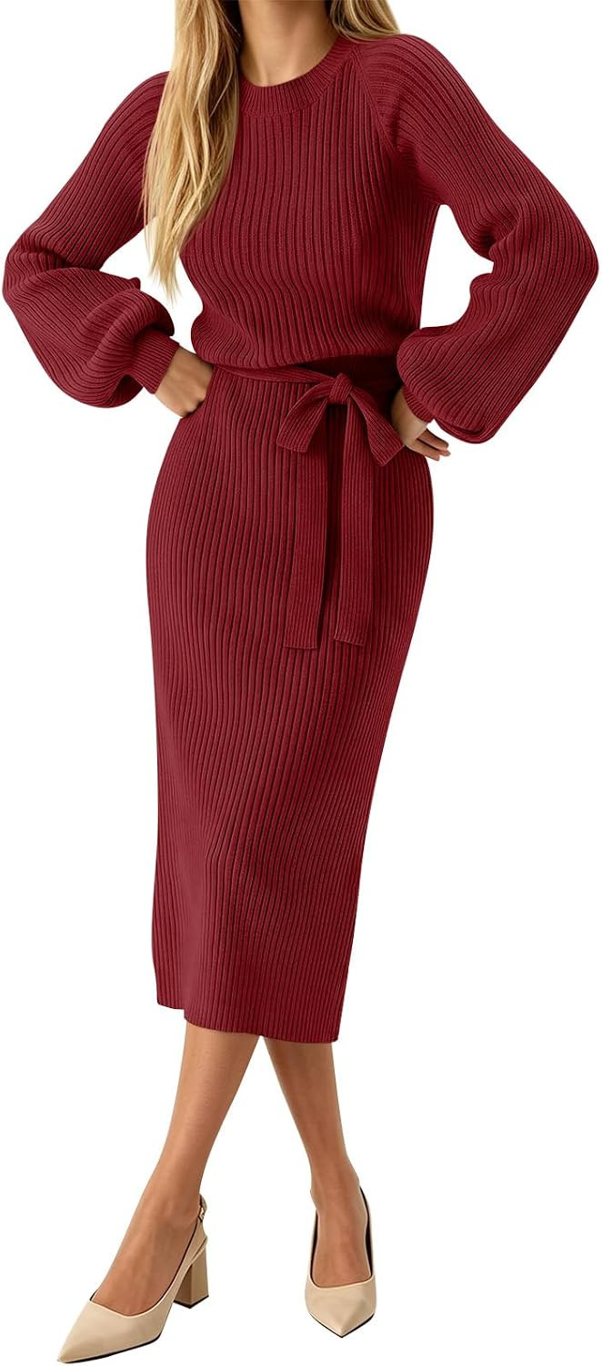 Saodimallsu Womens Ribbed Knit Sweater Dress Back Slit Tie Waist Midi Dress | Amazon (US)
