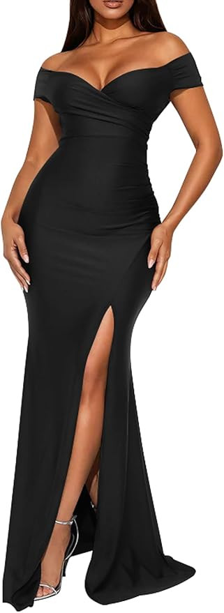 Memoriesea Women's Sexy V Neck Sleeveless Off Shoulder High Split Cocktail Party Maxi Dress | Amazon (US)