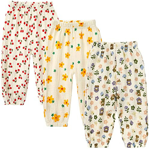 GFQLONG Toddler Baby Girls 3 Pack Elastic Waist Pants Soft Cotton Linen Harem Bloomers Summer Fall Long Pants,Flowers,2-3T | Amazon (US)