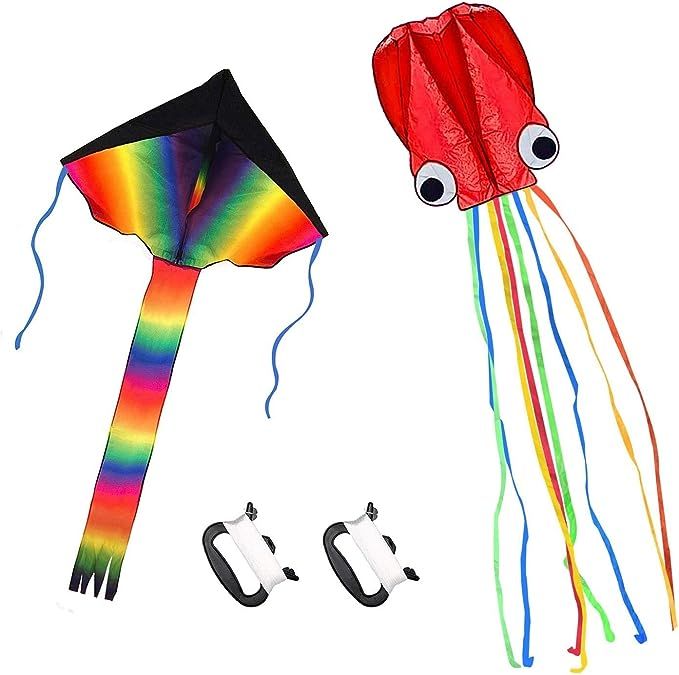 Listenman 2 Pack Kites - Large Rainbow Kite and Red Mollusc Octopus with Long Colorful Tail for C... | Amazon (US)