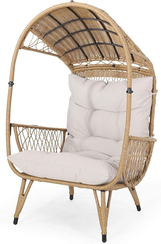 Joanna Outdoor Wicker Standing Basket Chair with Cushion, Light Brown and Beige | Amazon (US)