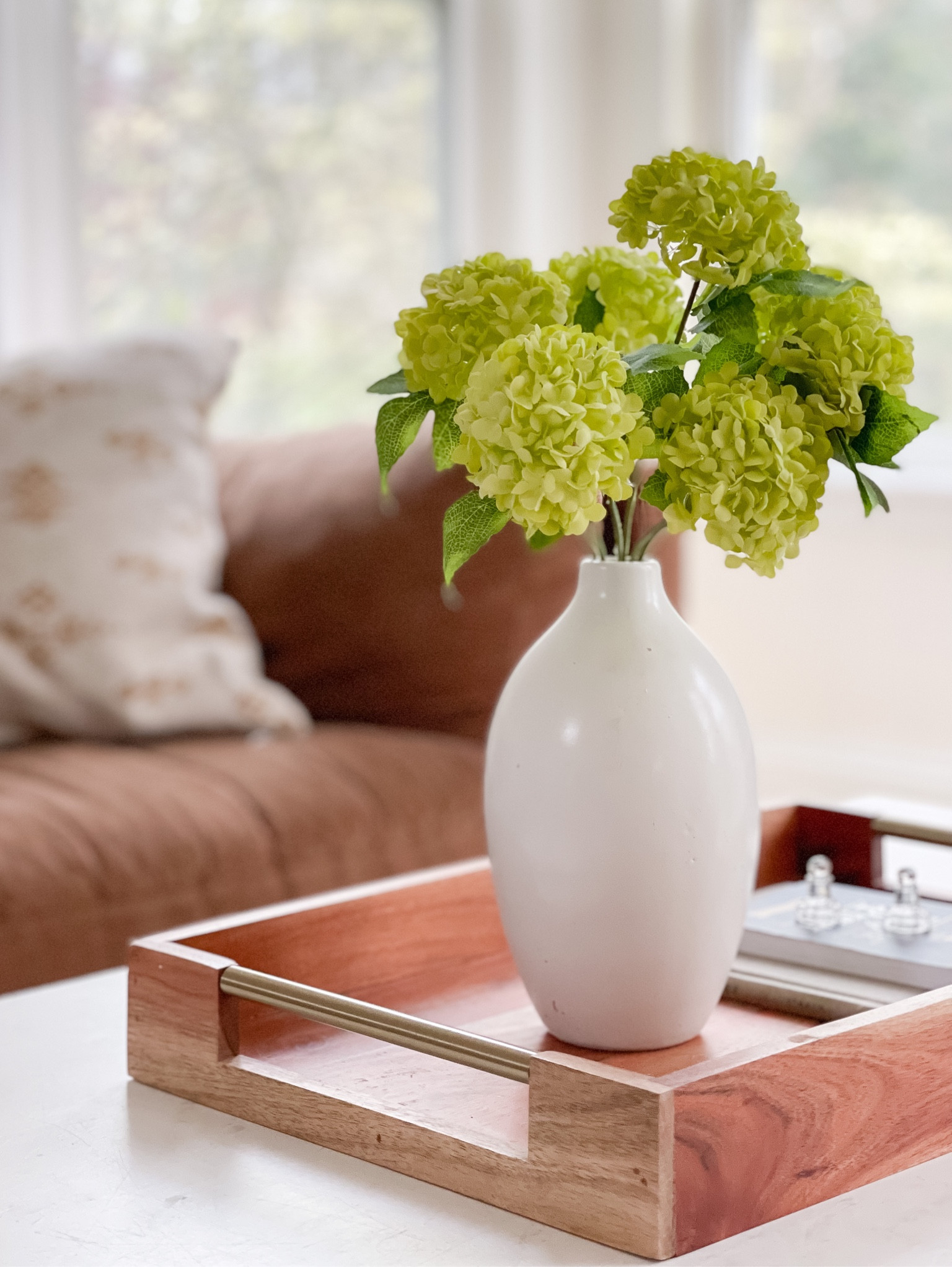 These sweet mini faux hydrangeas on this wood tray with brass handles is one of my favorite vignettes in our family. 

#LTKFind #LTKunder50 #LTKhome