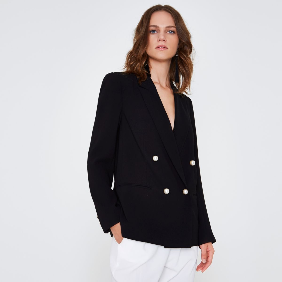River Island Womens Black faux pearl double breasted blazer | River Island (UK & IE)