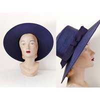 1960S Navy Blue Sun Hat | Vintage 60S Wide Brim Woven Womens Spring Summer Small Medium | Etsy (US)