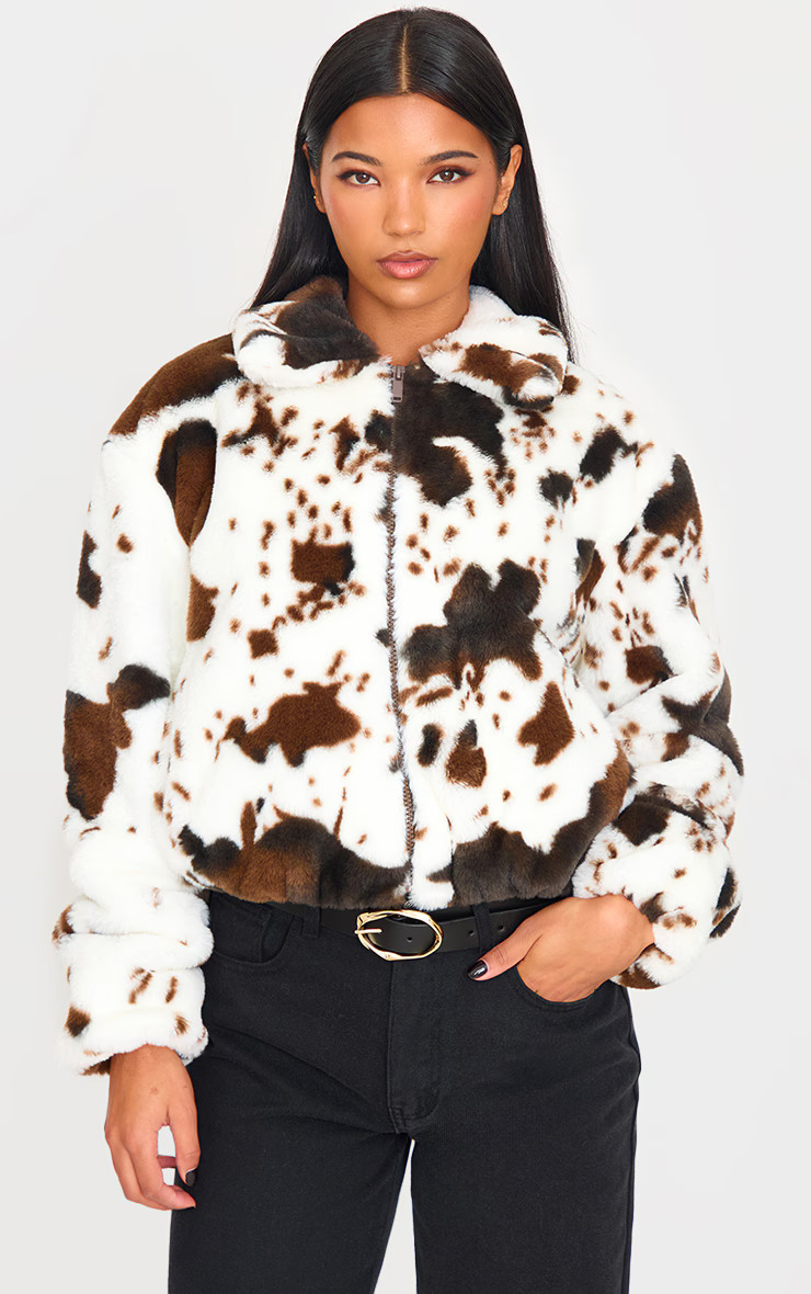 White Faux Fur Cow Print Zip Jacket | PrettyLittleThing US