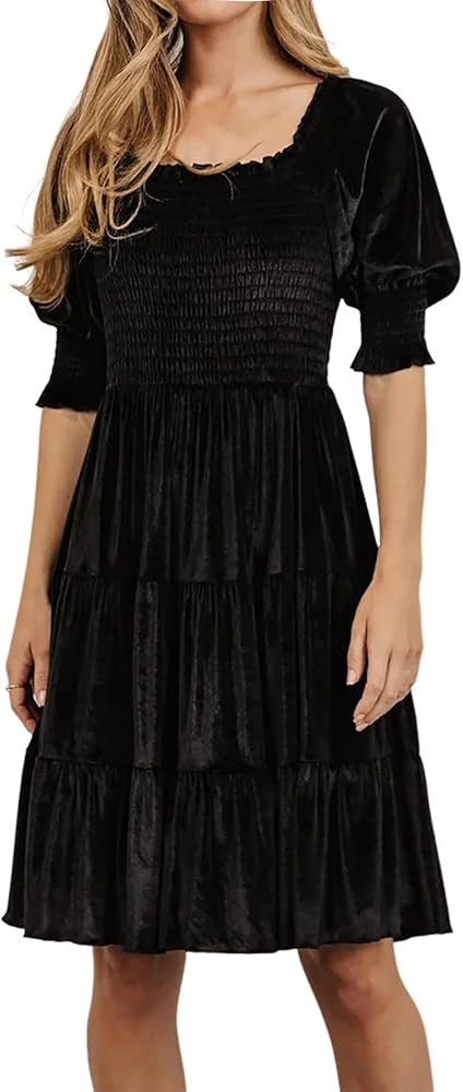 Womens Fall Winter Velvet Casual Dress Puff Sleeve Square Neck Elastic Smocked A-Line Swing Flowy... | Amazon (US)