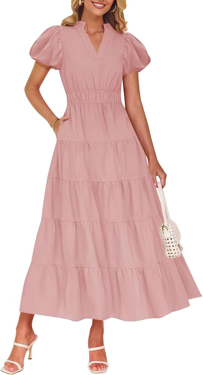 ZESICA Women's Summer Casual Maxi Dress 2025 Puff Short Sleeve V Neck Ruffle Tiered Flowy Boho Be... | Amazon (US)