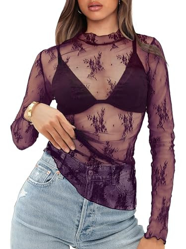 OFEEFAN Mesh Top Women Lace Sleeve Shirts for Women Floral Lace Layering Blouses Fashion Purple Leaf S | Amazon (US)