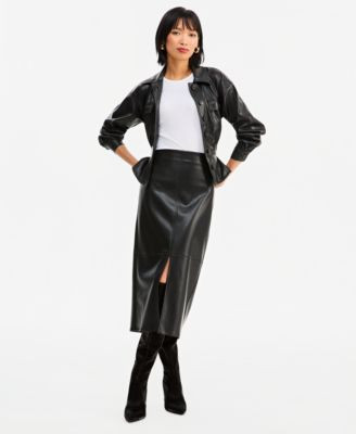 I.n.c. International Concepts Women's High-Waisted Front Slit Faux-Leather Pencil Midi Skirt, Macy's Exclusive - Deep Black | Macy's