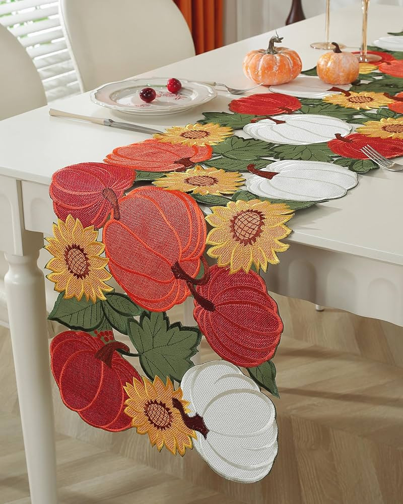 Thanksgiving Table Decor Thanksgiving Table Runner Hollow Out Embroidered Pumpkin Sunflower. Fall... | Amazon (US)
