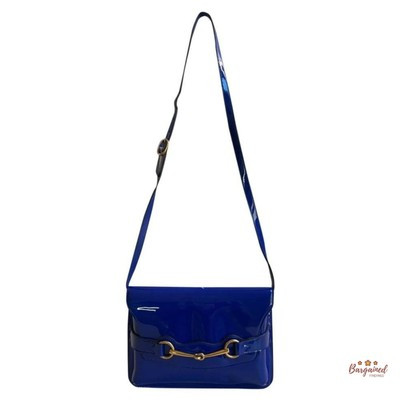 Authentic GUCCI Blue Sapphire Patent Leather Horsebit Medium Shoulder Bag 317636 | eBay US