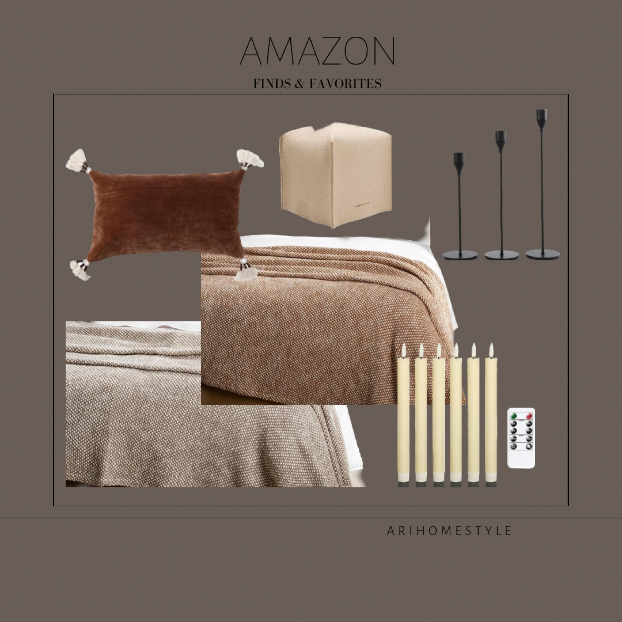 Amazon favorites. 
Bedding, decor pillow, taper candles , candle holder, tissue box cover

#LTKhome #LTKfindsunder100