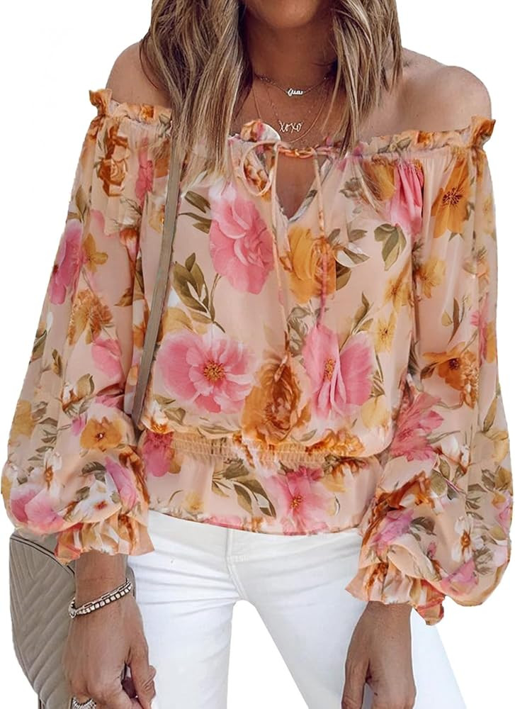 BLENCOT Summer Sexy Off Shoulder Tops for Women Boho Ruffle Sleeve Floral Chiffon Shirts Blouses | Amazon (US)