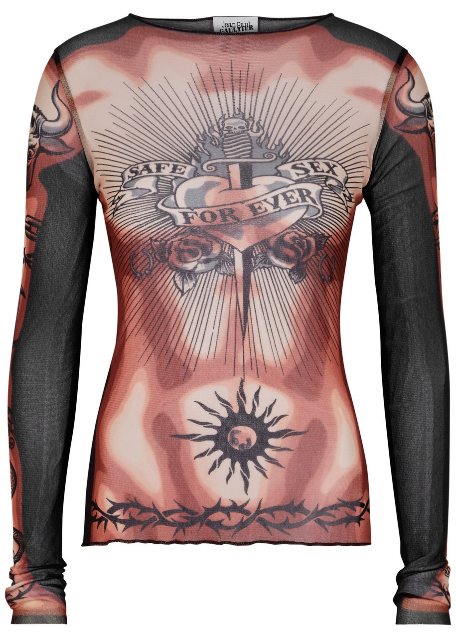 Jean Paul Gaultier Safe Sex Tattoo Printed Tulle top - Beige - L (UK14 / L) | Harvey Nichols (Global)