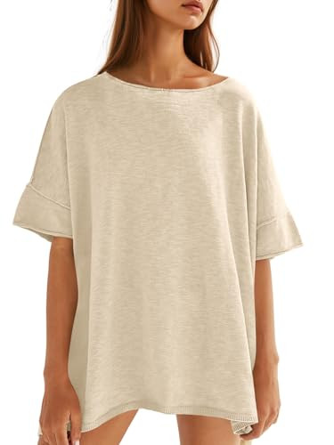 Tankaneo Women's Oversized T Shirts Casual Summer Crew Neck Loose Dropped Short Sleeve Side Slit ... | Amazon (US)
