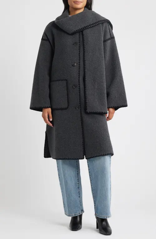 bcbg Embroidered Trim Long Scarf Coat in Charcoal at Nordstrom, Size Small | Nordstrom