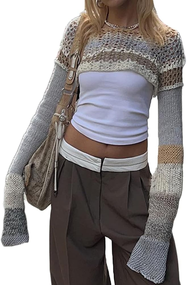 Women Y2K Knitted Crop Tops Color Block Patchwork Sweaters Long Sleeve Crochet Coverup Trendy Aut... | Amazon (US)