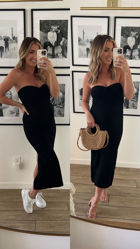 Two ways to style this super cute Amazon fitted dress!! Wearing size small. Runs tts and also great for maternity. Bag and shoes are also Amazon! Sneakers and heels run tts  

#LTKunder50 #LTKshoecrush #LTKstyletip