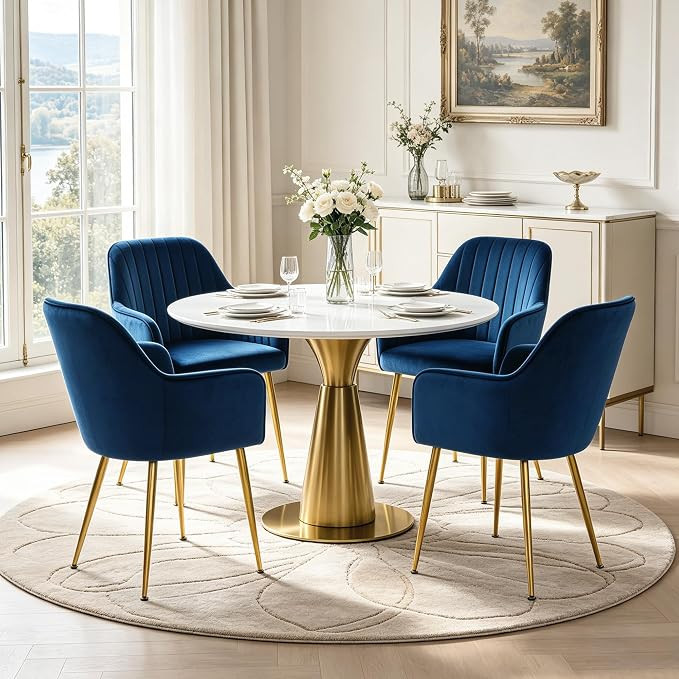 LSSPAID Velvet Dining Chairs Set of 4, Blue Upholstered Modern Accent Vanity Armchair with Gold M... | Amazon (US)