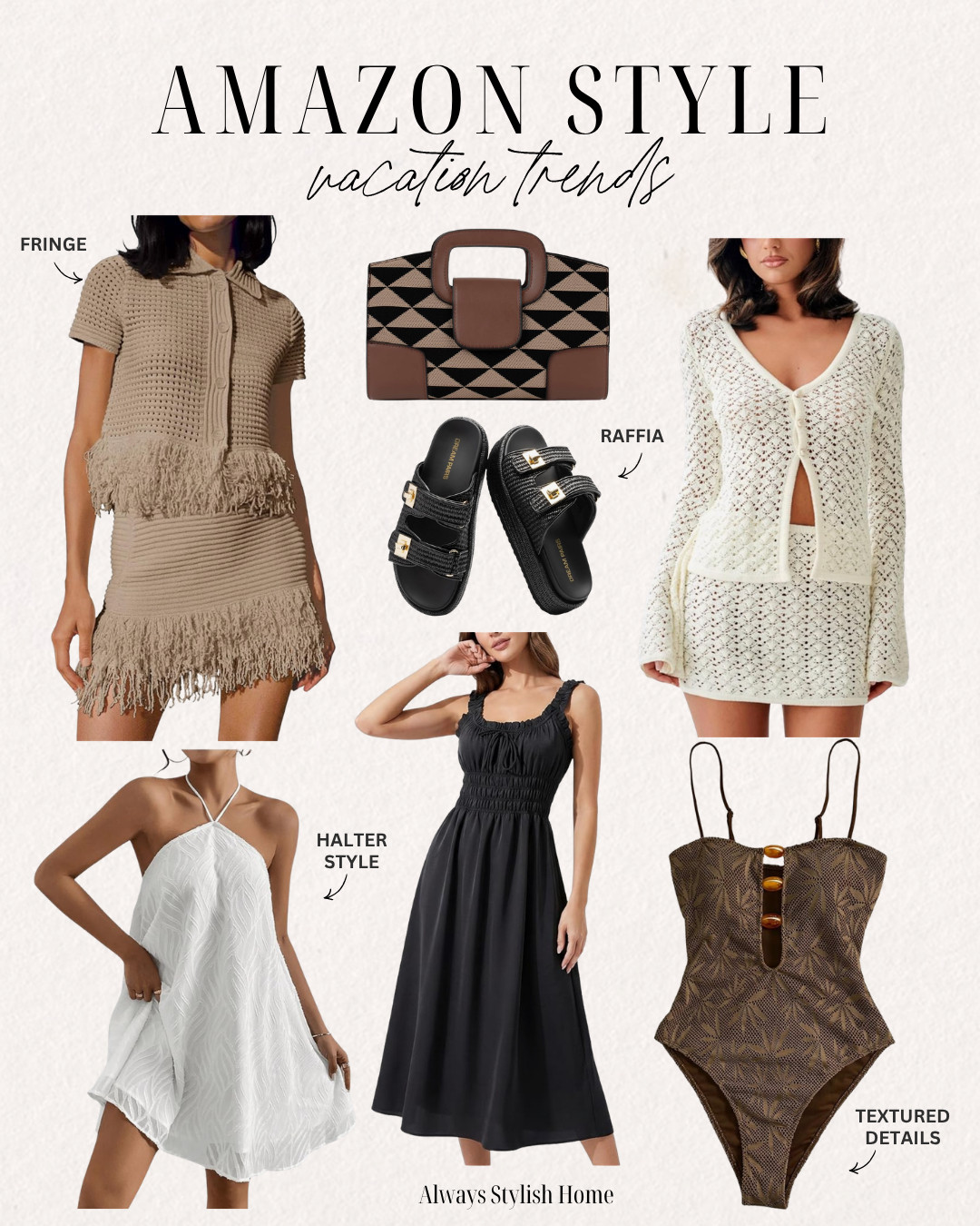 Amazon vacation trends. Beach Vacation Outfits. Fringe fashion, Raffia fashion, neutral fashion finds from Amazon. Amazon spring outfit ideas! Neutral Amazon spring dress, Affordable Amazon fashion • Trendy Amazon outfits • Spring transition outfits • #AmazonFashion #AmazonHaul #AmazonFinds #AmazonStyle #AffordableFashion #SpringOutfits #EverydayOutfits #CasualChic #StyleInspo #LTKgrwm 

 #LTKFestival #LTKSeasonal #LTKTravel