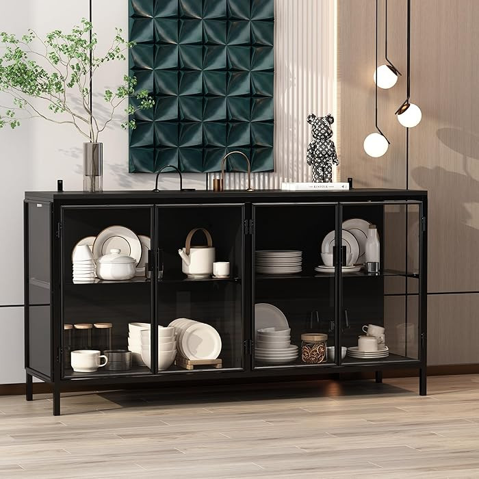 Sideboard Display Cabinet with Lights & 4 Glass Doors, Buffet Sideboard with Glass Shelf, Buffet ... | Amazon (US)