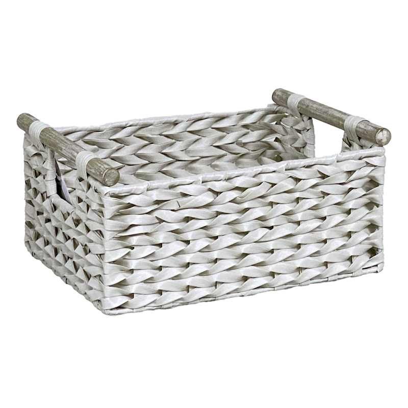 White Aster Rectangle Rattan Basket with Wood Handles, Small | At Home